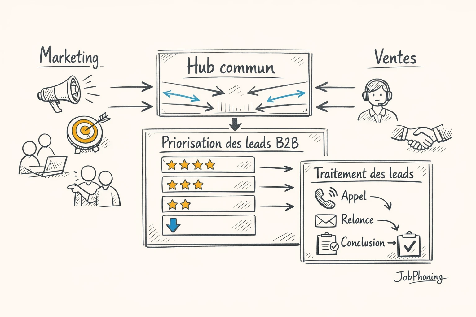 Schéma représentant l’alignement marketing et ventes via un hub central reliant emails, appels et entonnoir