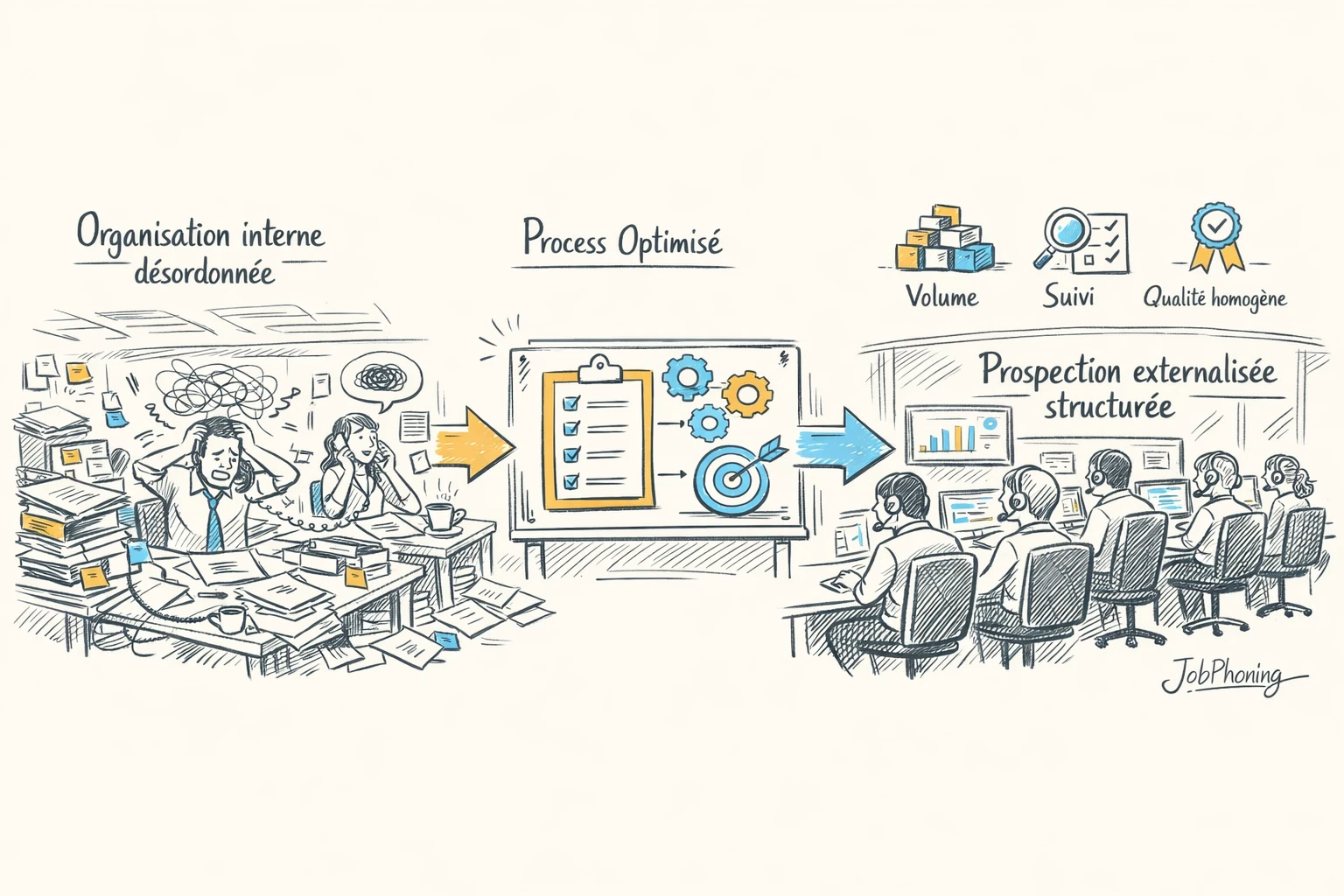 Infographie représentant la difficulté de prospection à froid via zone chaotique opposée à un pipeline