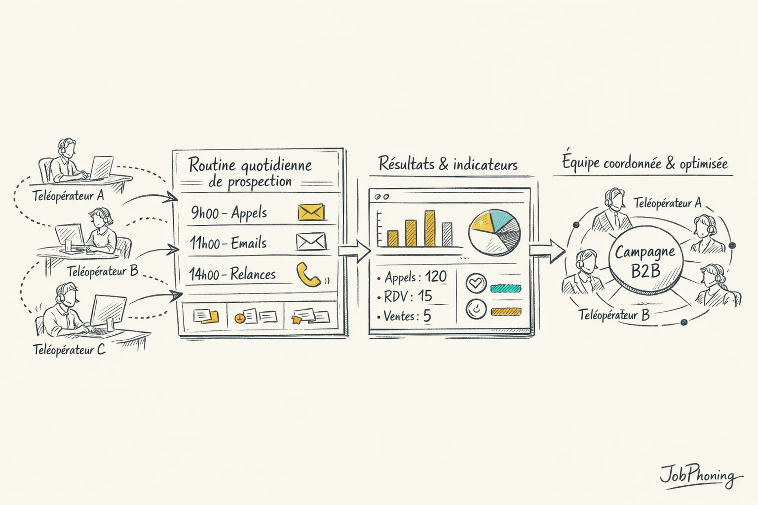 Schéma représentant l’organisation quotidienne d’une prospection B2B multi-téléopérateurs via blocs reliés et flèches séquencées.