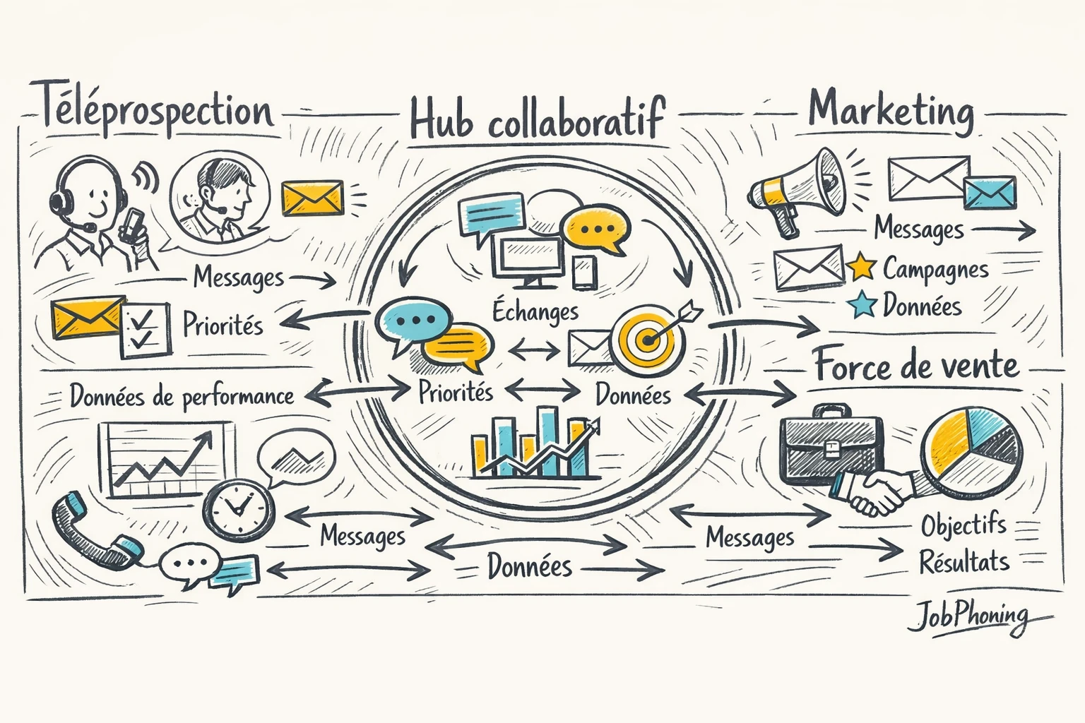 Schéma représentant l’intégration du homeshoring via un hub central connecté à plusieurs blocs géométriques distribués.