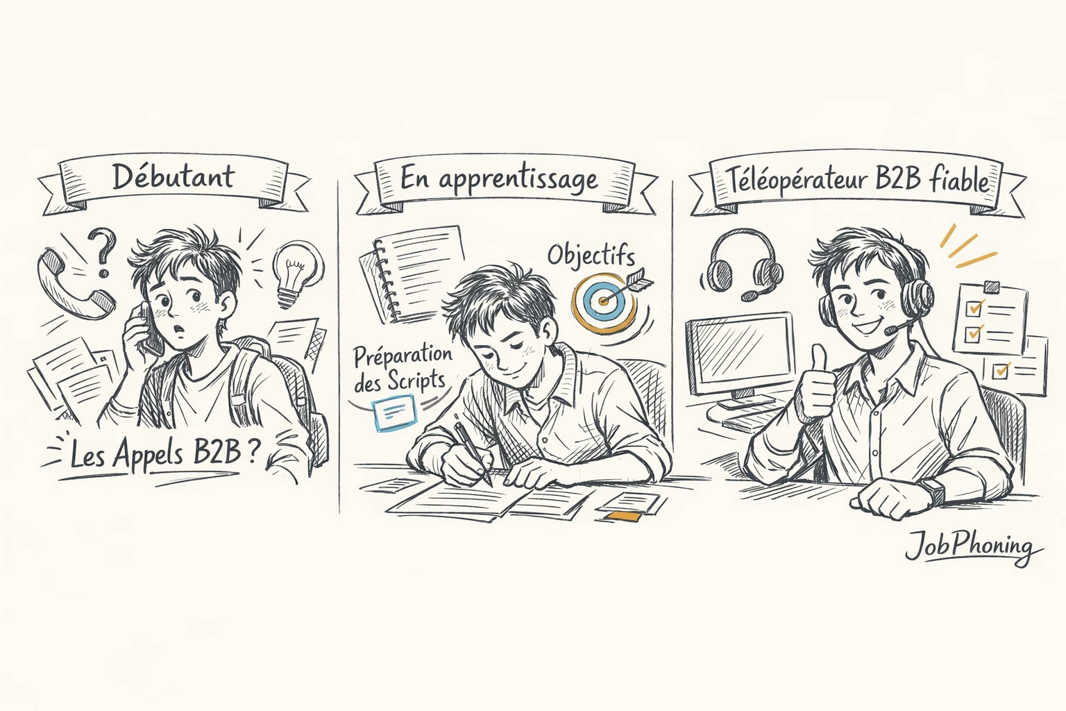 Schéma représentant la préparation d’appels étudiants via enchaînement de blocs et flèches minimalistes colorés.