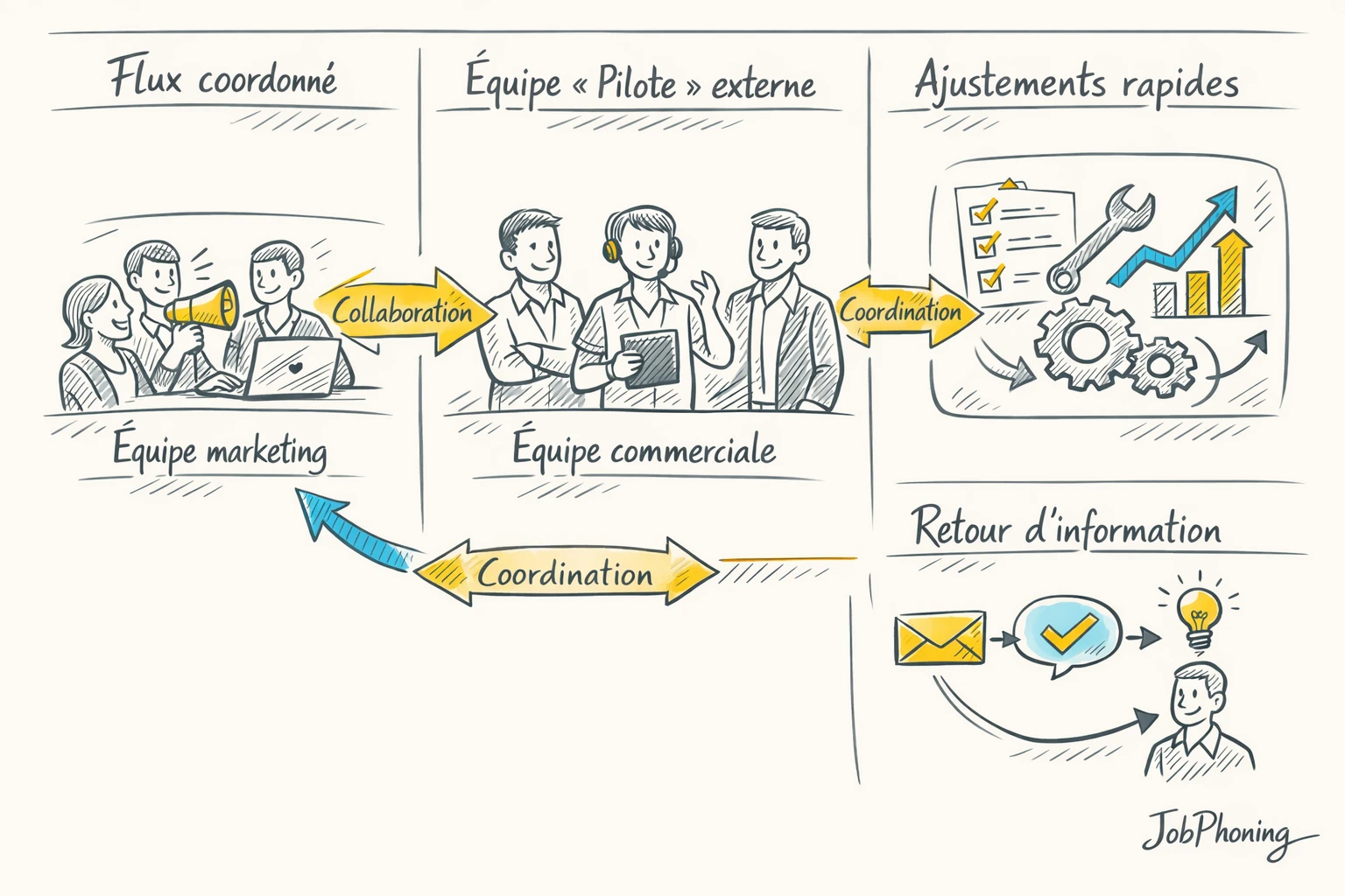 Infographie représentant l’articulation d’un dispositif externalisé via trois bandes connectées et un hub central.