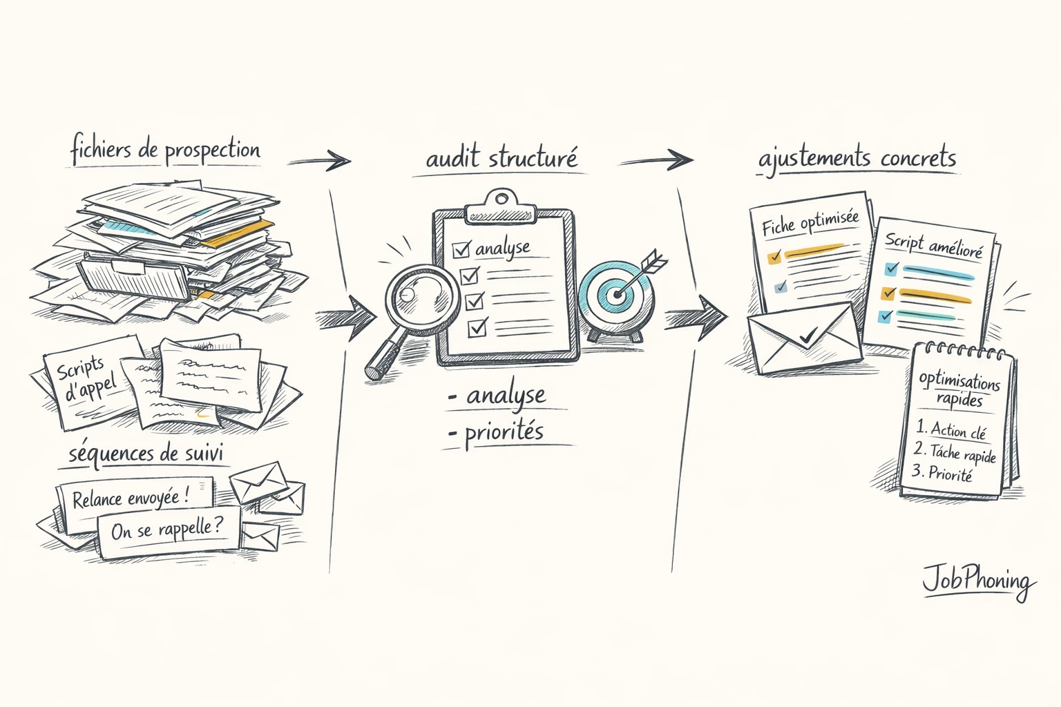 Schéma représentant l’audit commercial B2B via blocs reliés pour fichiers, appels et relances.