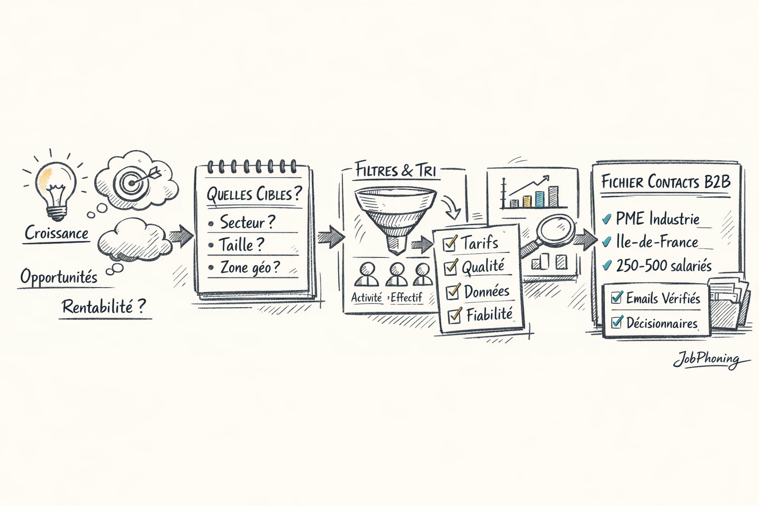 Schéma représentant la définition de critères de sélection B2B via étapes reliées et blocs colorés.