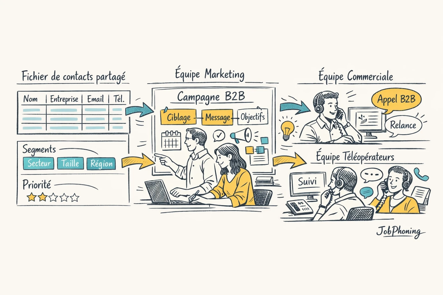 Schéma représentant la coordination marketing, ventes et téléprospection via un noyau de données connecté à