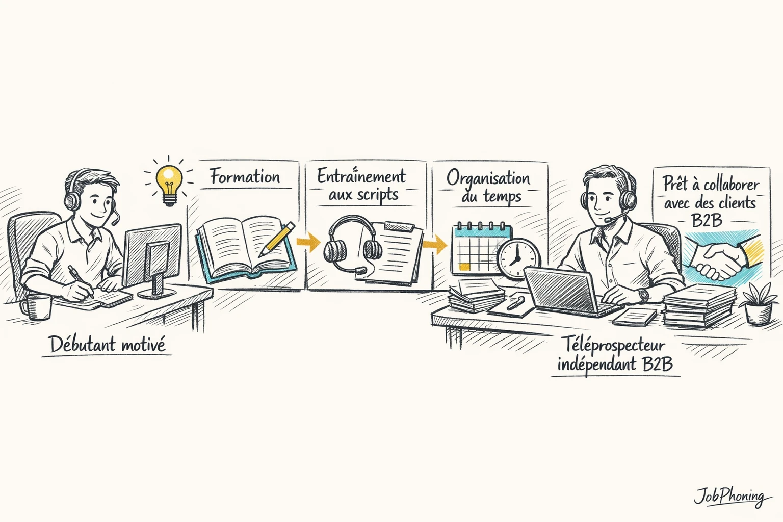Schéma représentant un parcours structuré de téléprospection via flèches, téléphones, documents et graphiques minimalistes.