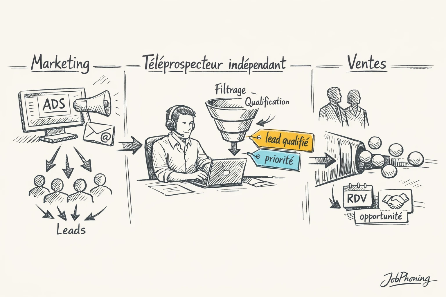 Infographie représentant l’intégration de la prospection téléphonique B2B via entonnoir central reliant marketing et pipeline