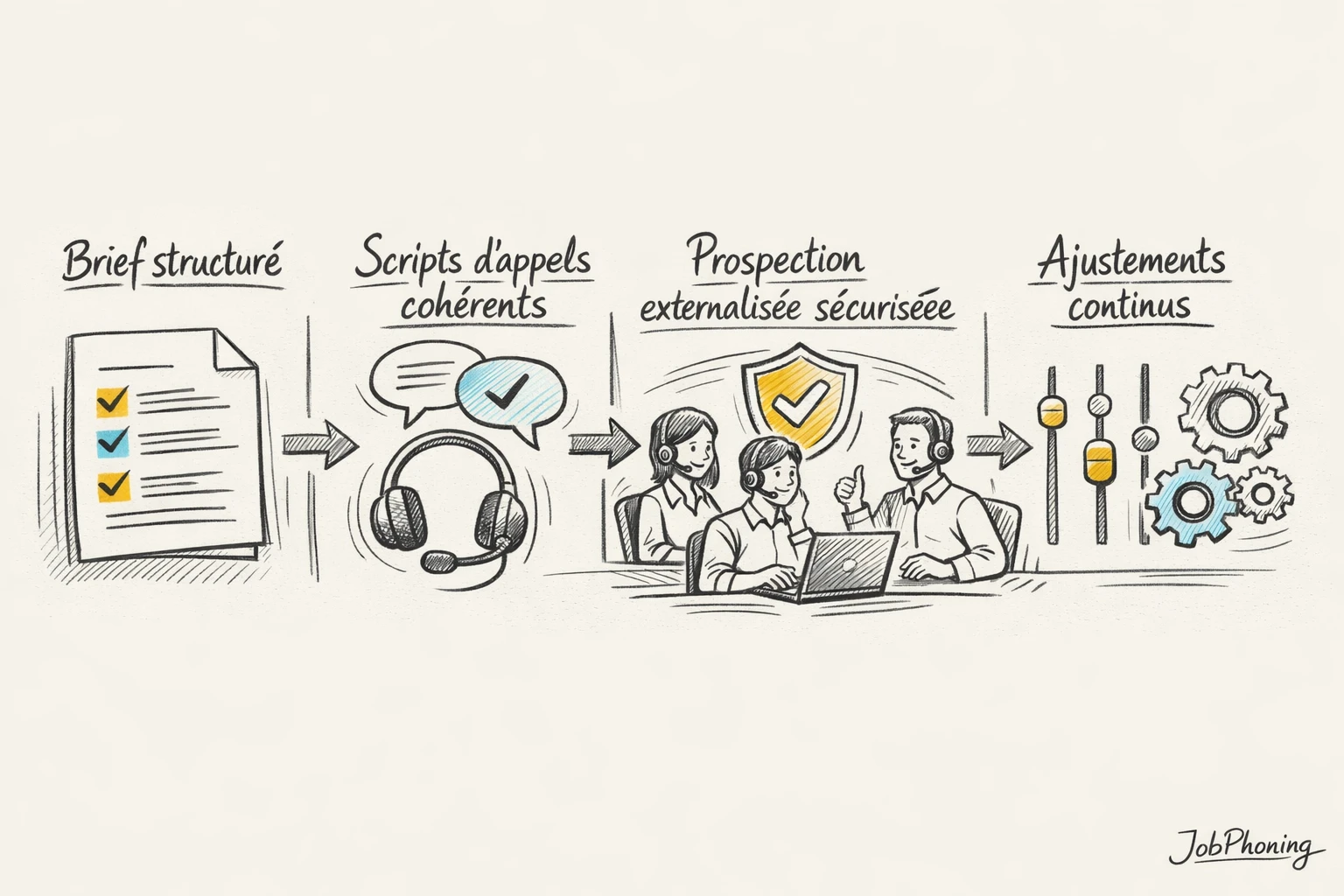 Schéma représentant la structuration d’un brief d’appels via blocs reliés et flèches séquentielles.