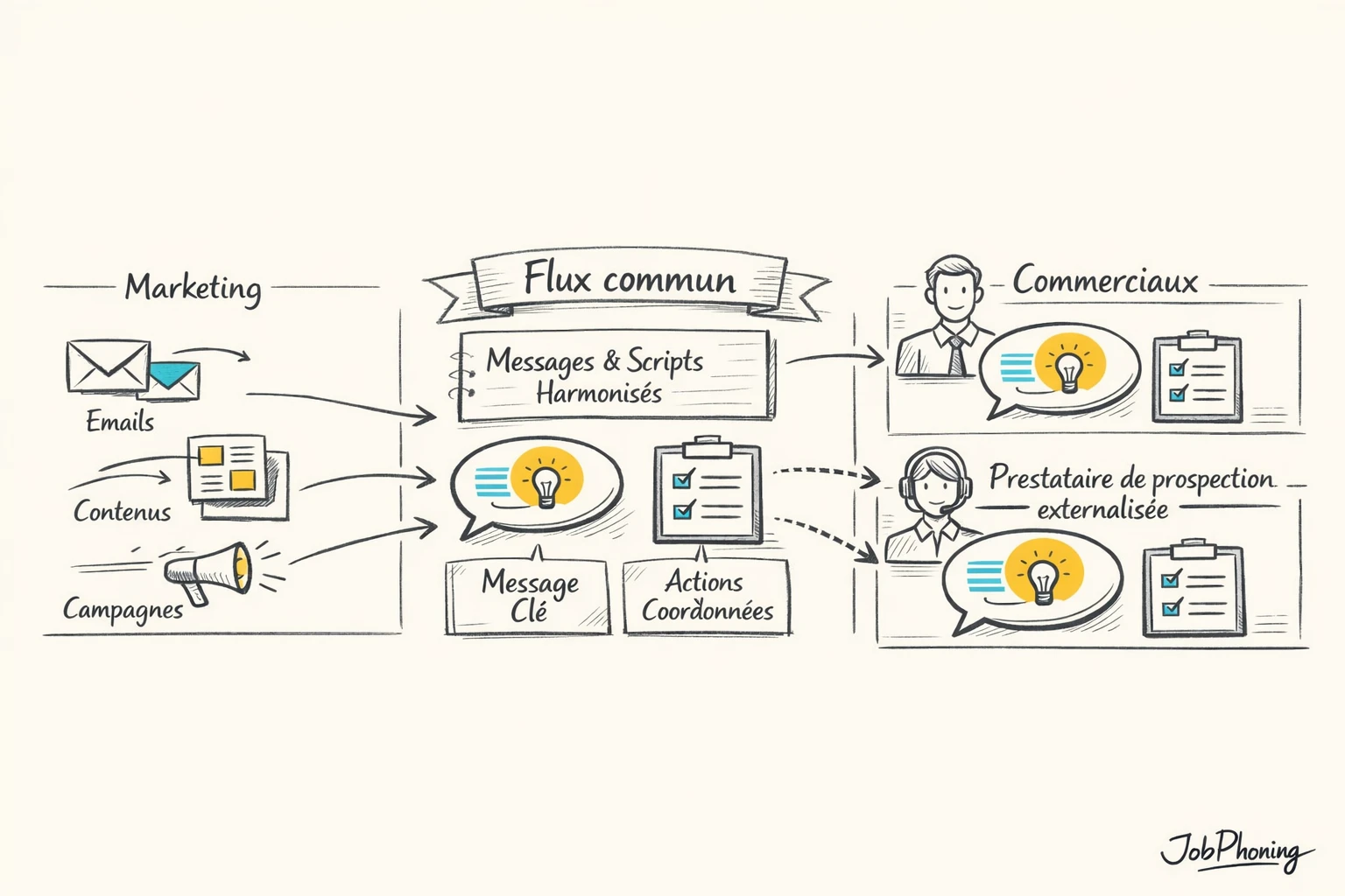 Schéma représentant l’alignement marketing, ventes et prospection via trois flux convergeant et une boucle de
