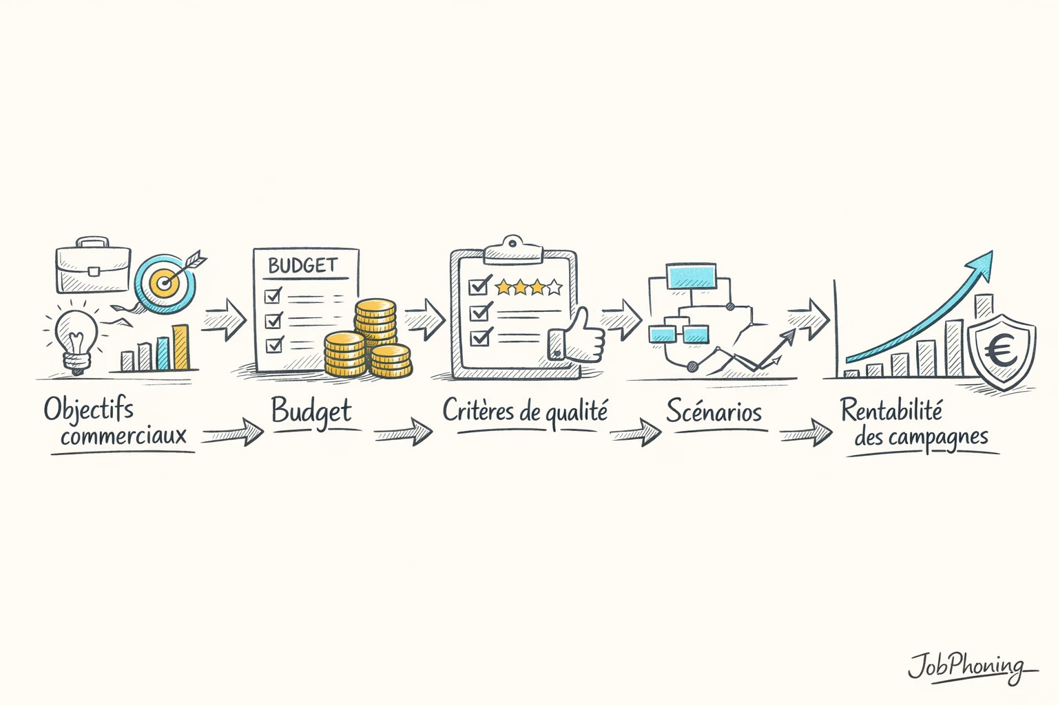 Schéma représentant la construction d’un modèle de rémunération téléprospection via blocs reliés et flèches séquentielles