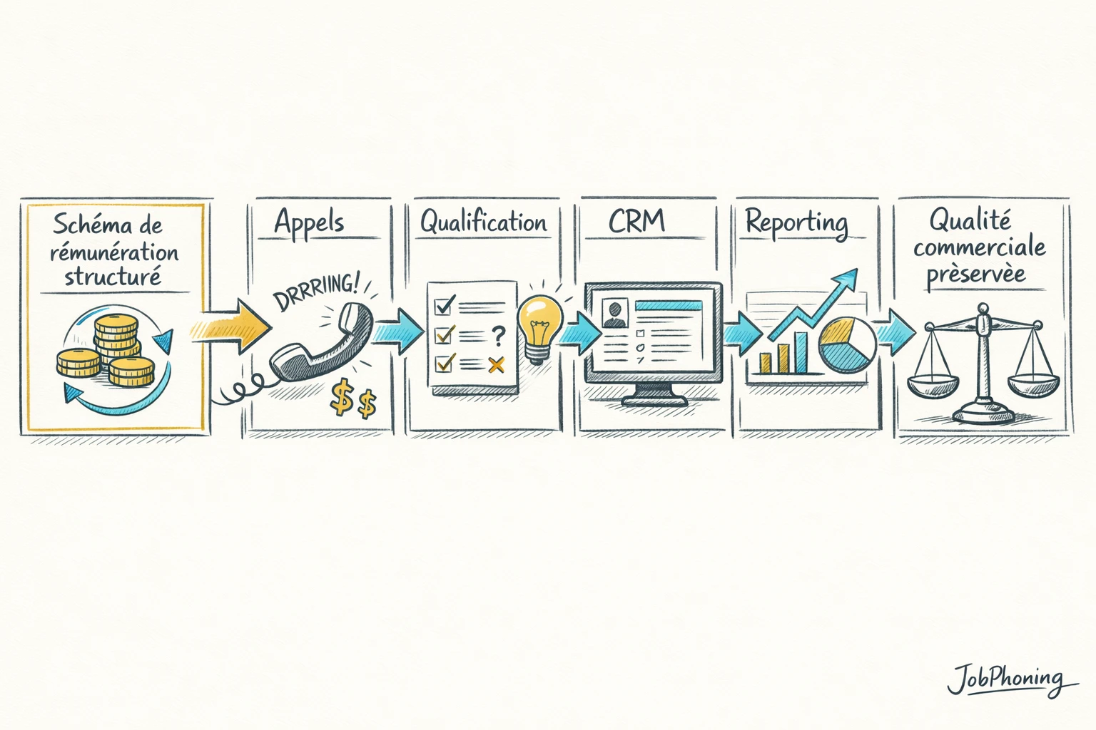 Schéma représentant l’alignement rémunération-prospection via un noyau central connecté à plusieurs blocs et tableaux abstraits