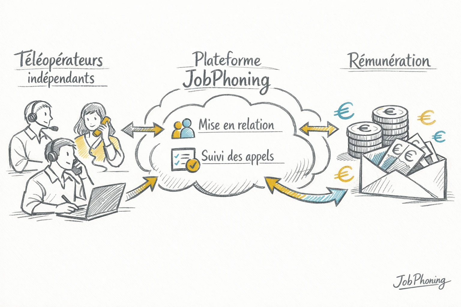 Schéma représentant le parcours JobPhoning via rectangles reliés, icônes abstraites de profil, missions, appels et