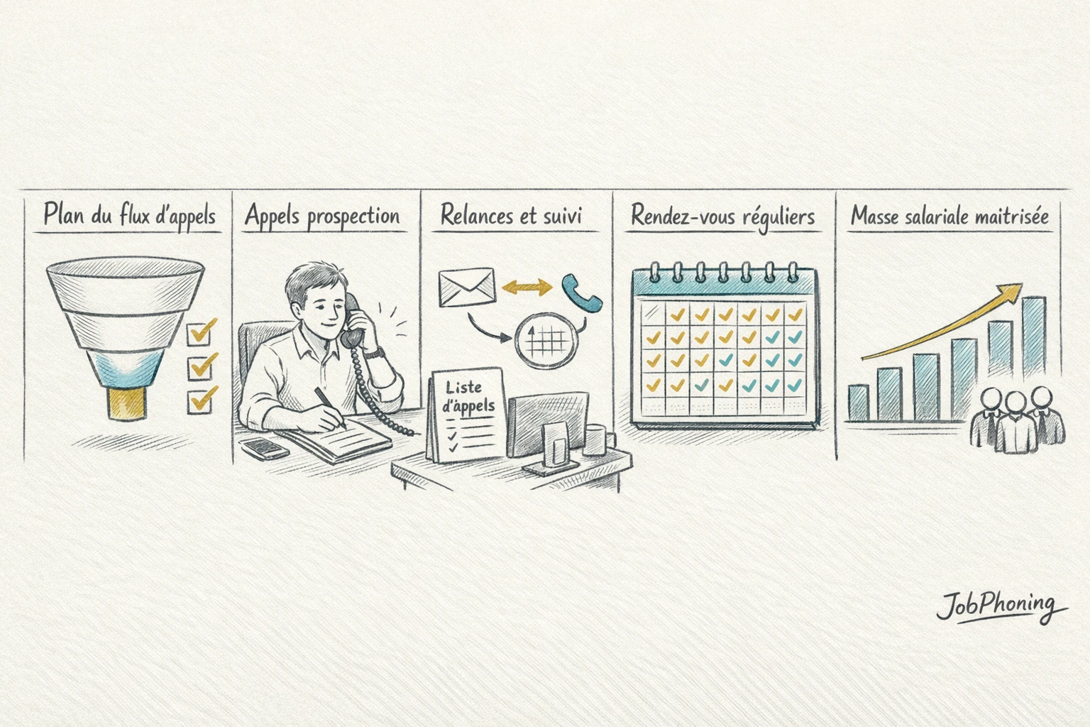 Schéma représentant un processus d’acquisition client régulier via flèches, blocs interconnectés et ressources internes et