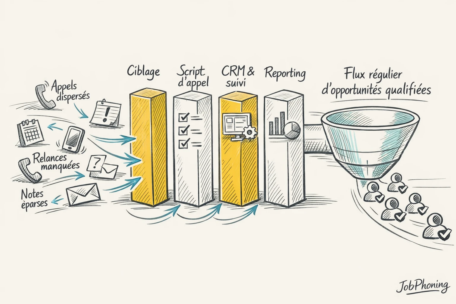 Infographie représentant une prospection B2B structurée via piliers géométriques alimentant un pipeline central.