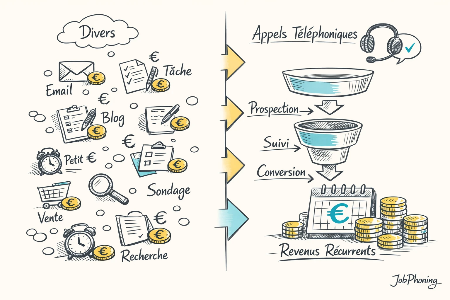 Infographie représentant les méthodes en ligne déceptives via deux parcours opposés, éparpillé et structuré.