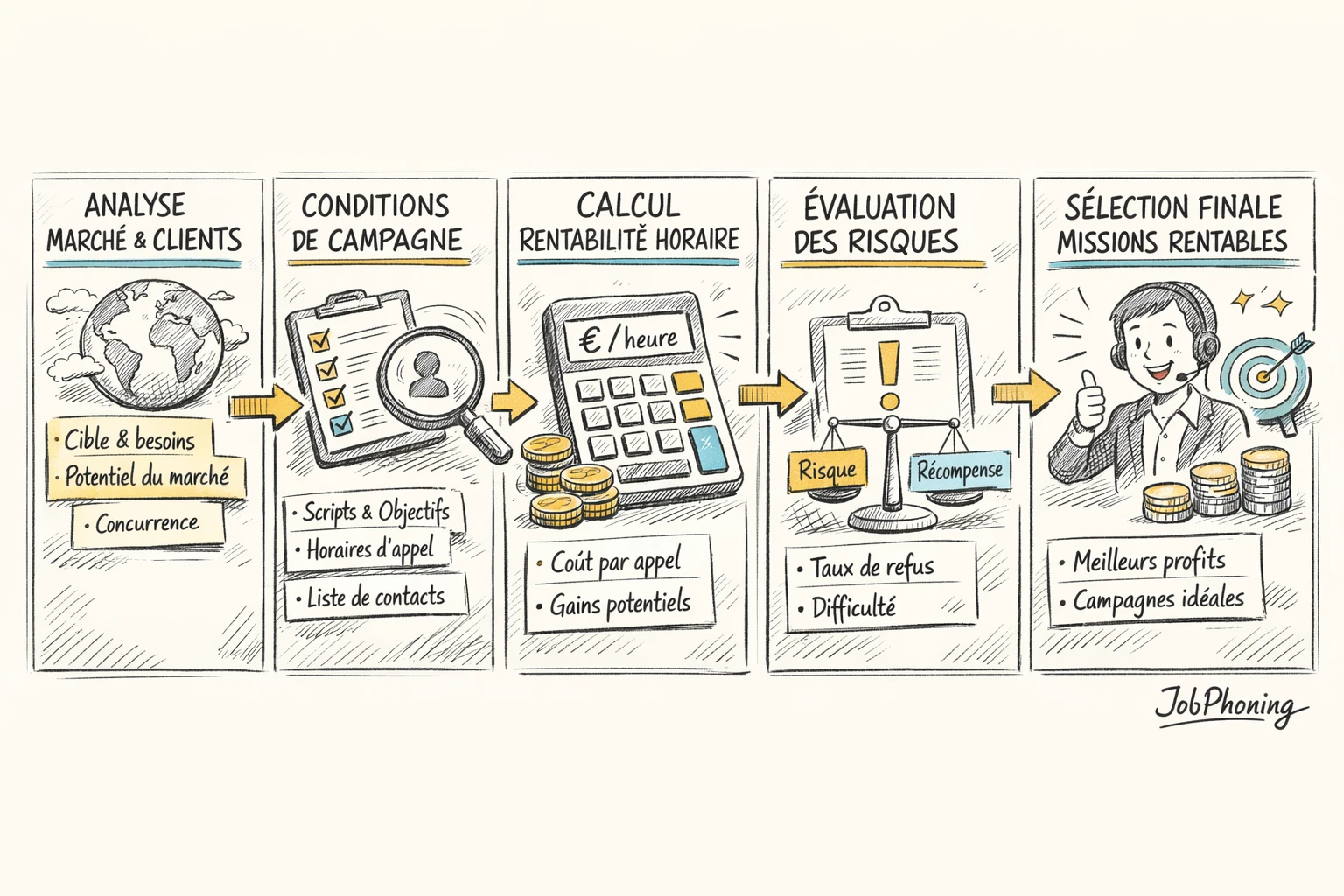 Schéma représentant l’évaluation d’une mission téléphonique via enchaînement de blocs reliés par des flèches minimalistes.