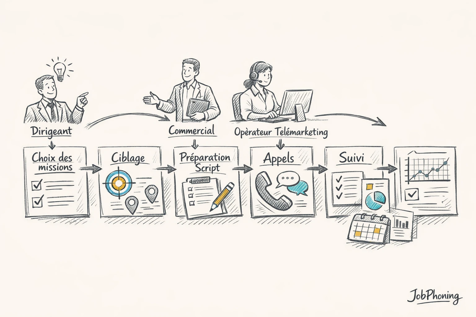 Infographie représentant la sélection continue de missions via un hub central relié à plusieurs blocs