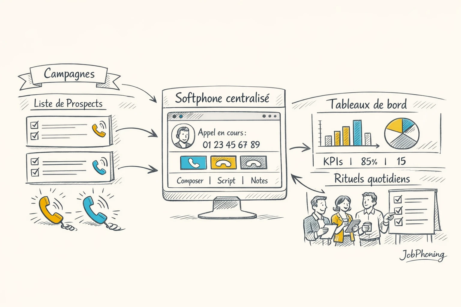 Schéma représentant l’organisation d’un softphone via un noyau central relié à tableaux, listes et calendrier.