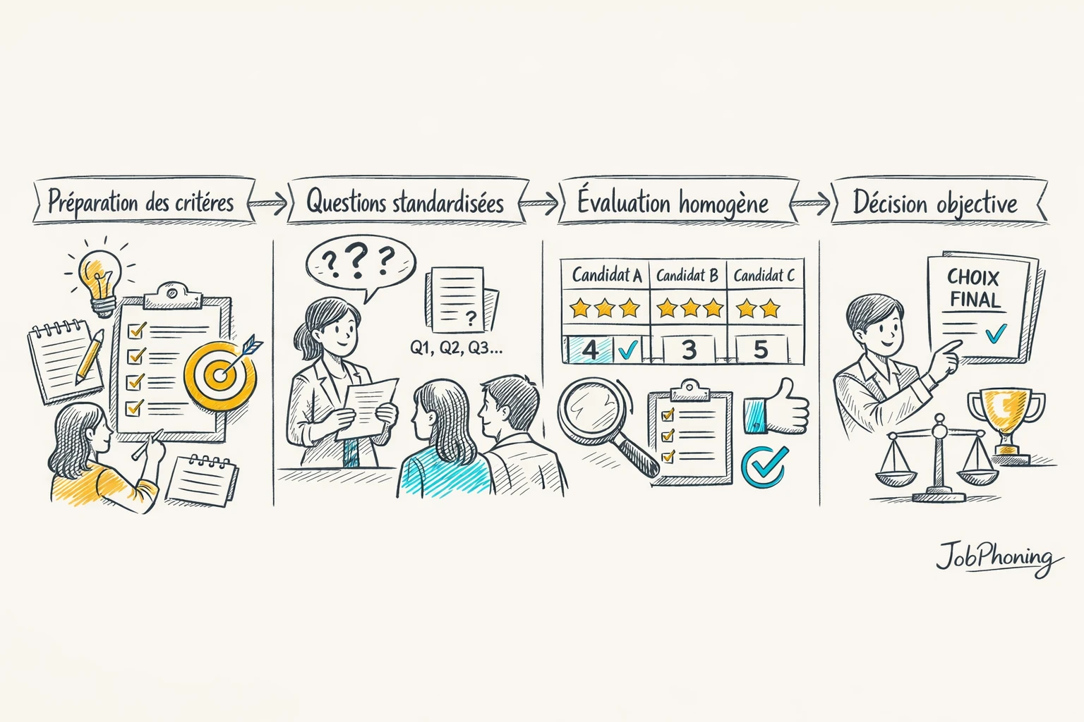 Schéma représentant un entretien structuré via une série de blocs et flèches séquentiels.