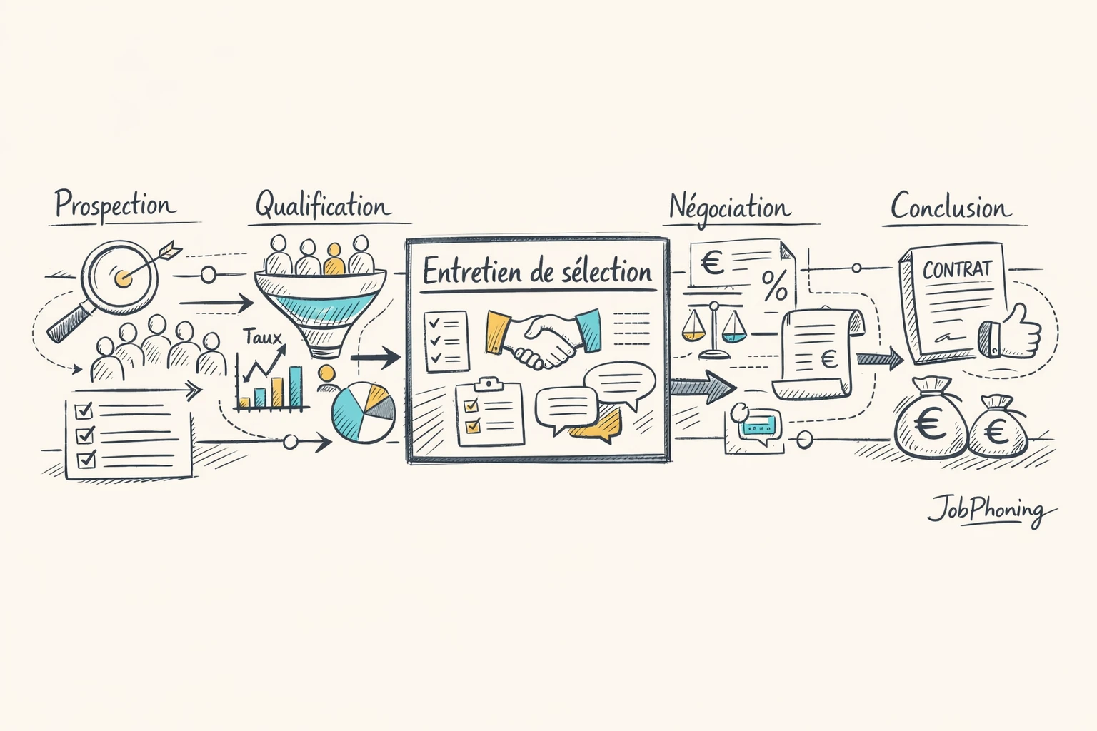 Infographie représentant l’intégration d’un entretien de sélection via pipeline, entonnoir et hub central alignés.