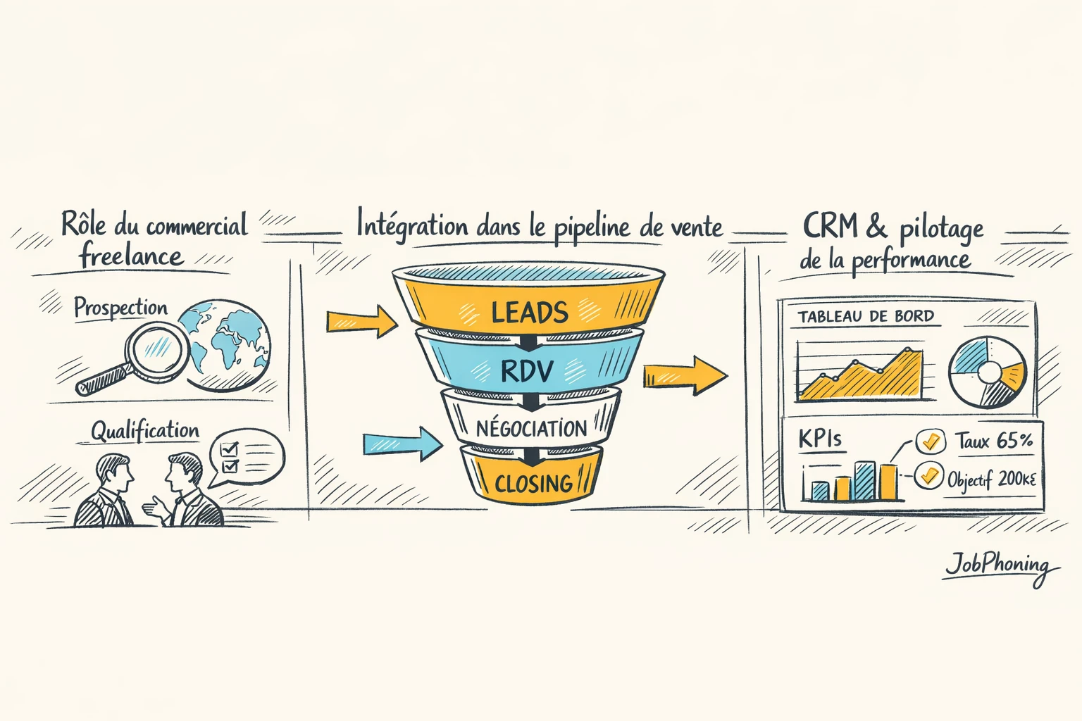 Schéma représentant l’intégration d’un freelance commercial via pipeline, blocs CRM et flux connectés