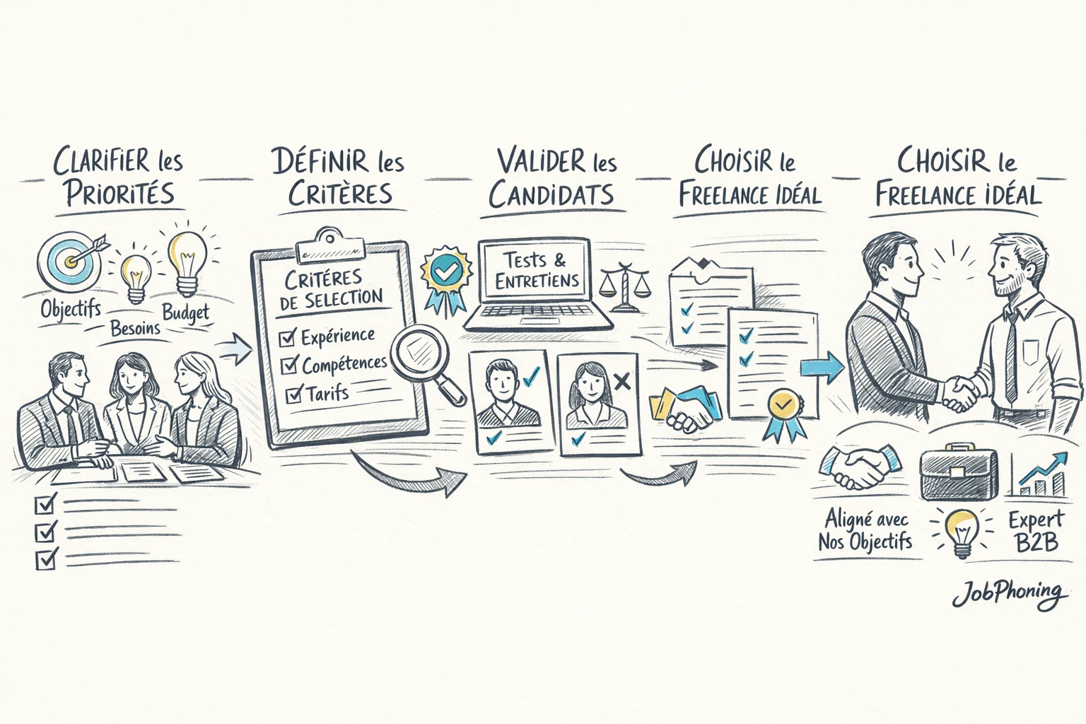 Schéma représentant le choix d’un freelance commercial via enchaînement de blocs et flèches colorés