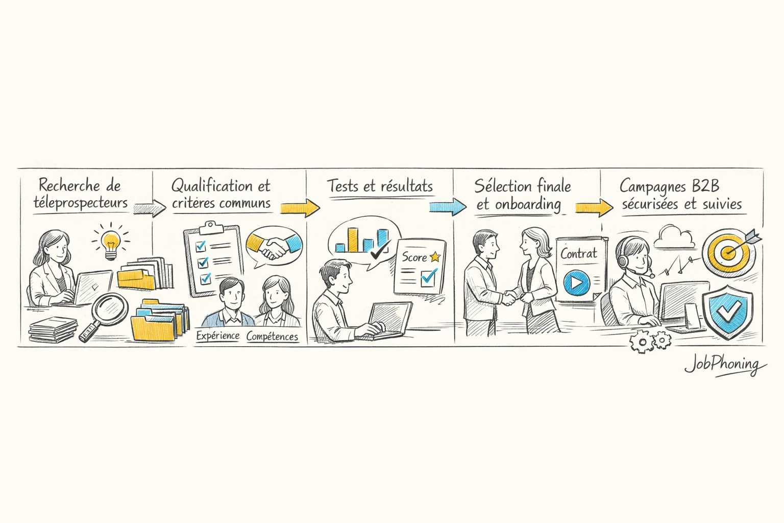 Schéma représentant le choix d’un téléprospecteur indépendant via blocs reliés et flèches séquencées