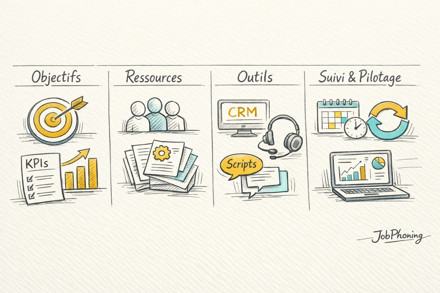 Infographie représentant l’intégration d’un téléprospecteur freelance via hub central, entonnoir, cartes d’onboarding et modules outils
