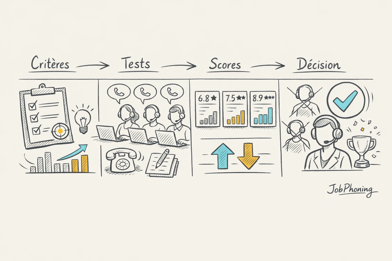Schéma représentant la comparaison de plusieurs téléprospecteurs via un enchaînement de blocs reliés par des