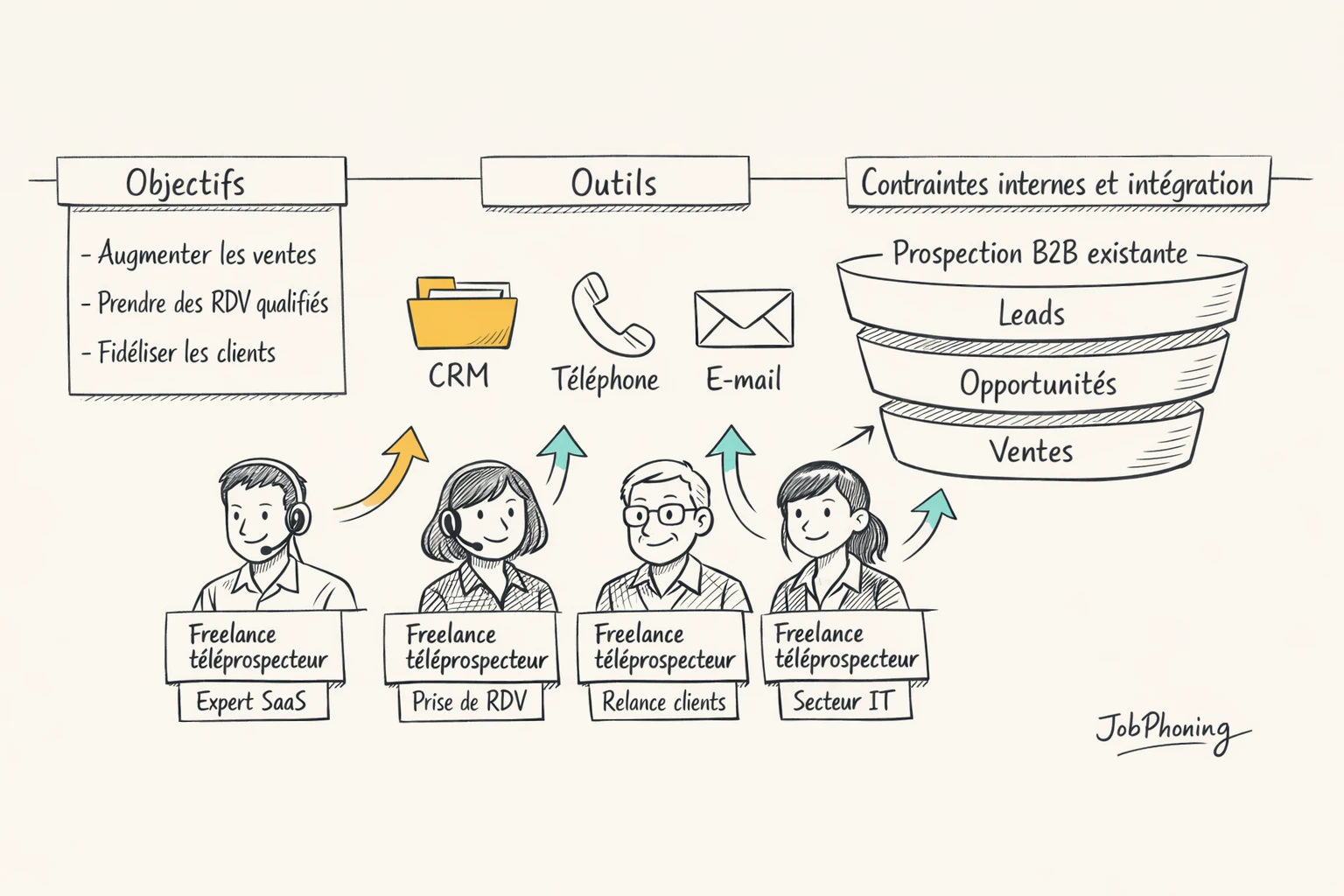 Schéma représentant l’intégration d’un téléprospecteur freelance via un hub central relié à divers modules commerciaux.