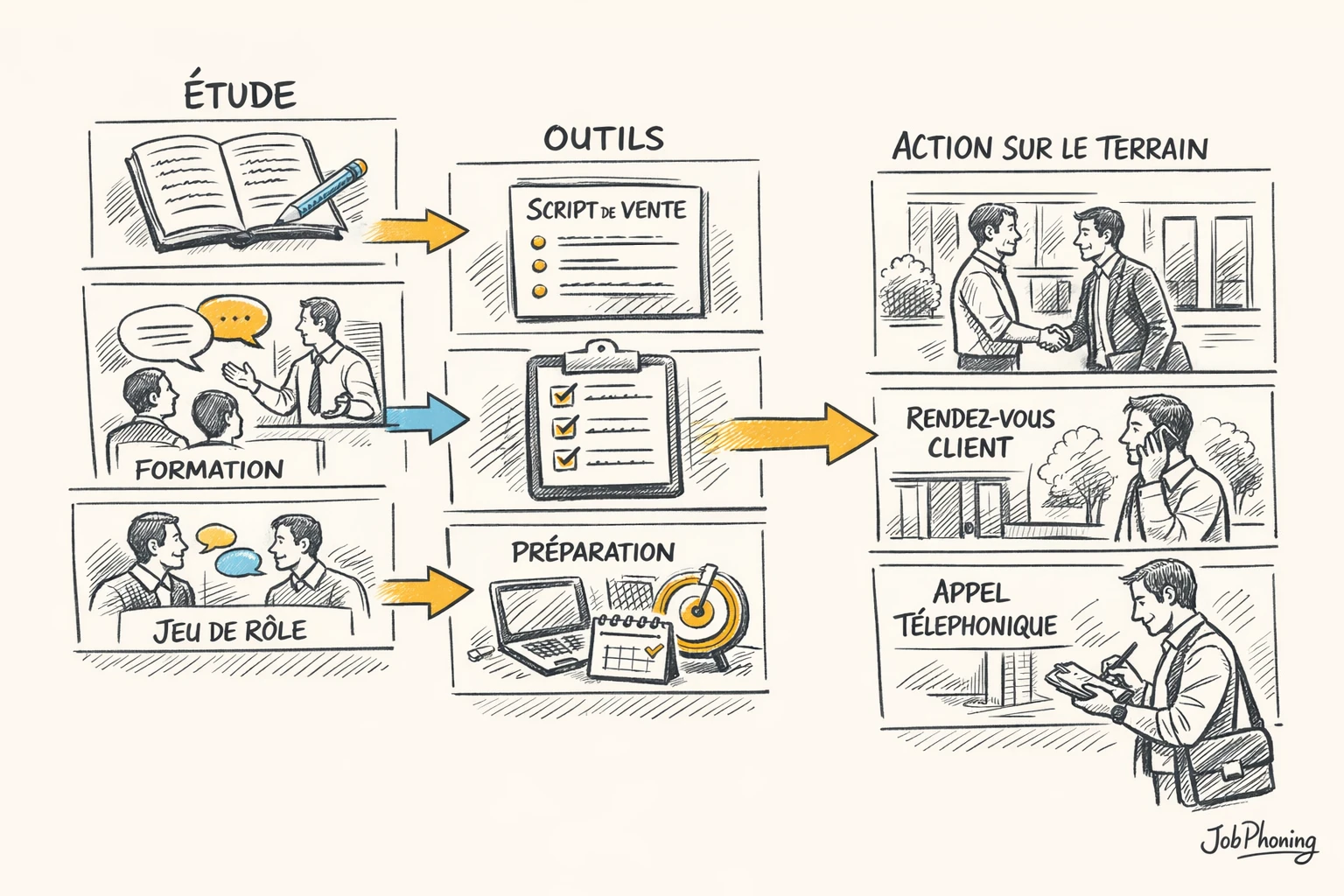 Schéma représentant un parcours de formation cold calling via blocs reliés illustrant étapes et décisions