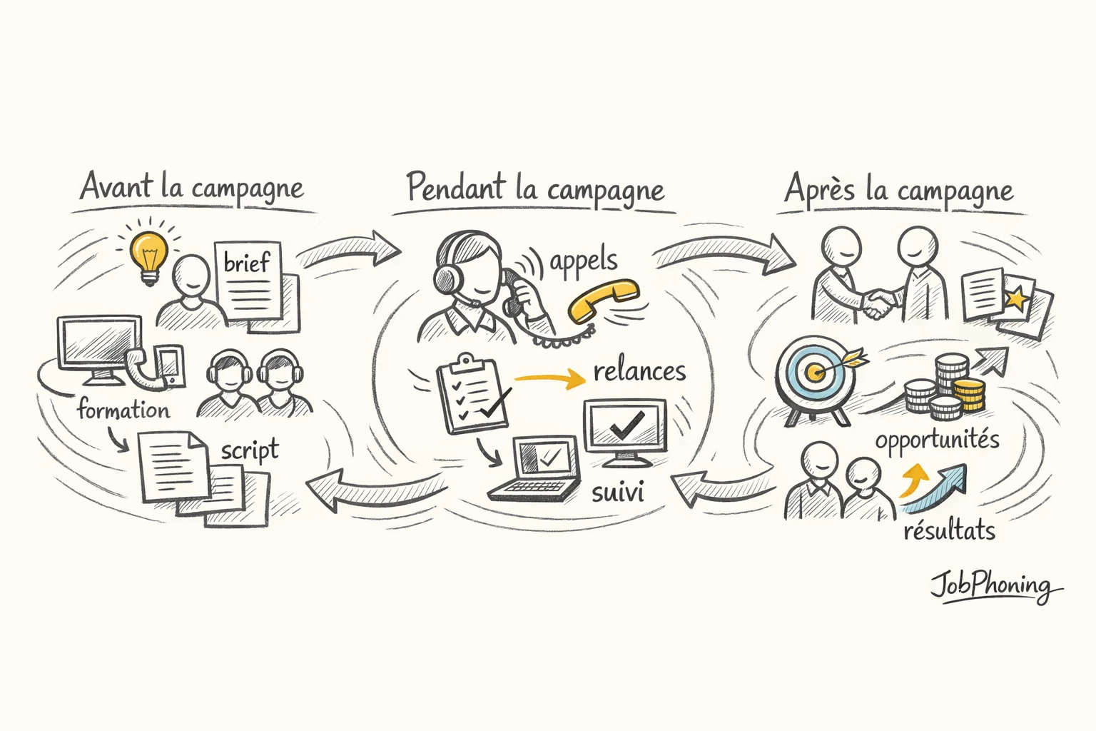 Schéma représentant un cycle de campagne téléphonique structuré via trois blocs reliés par des flèches