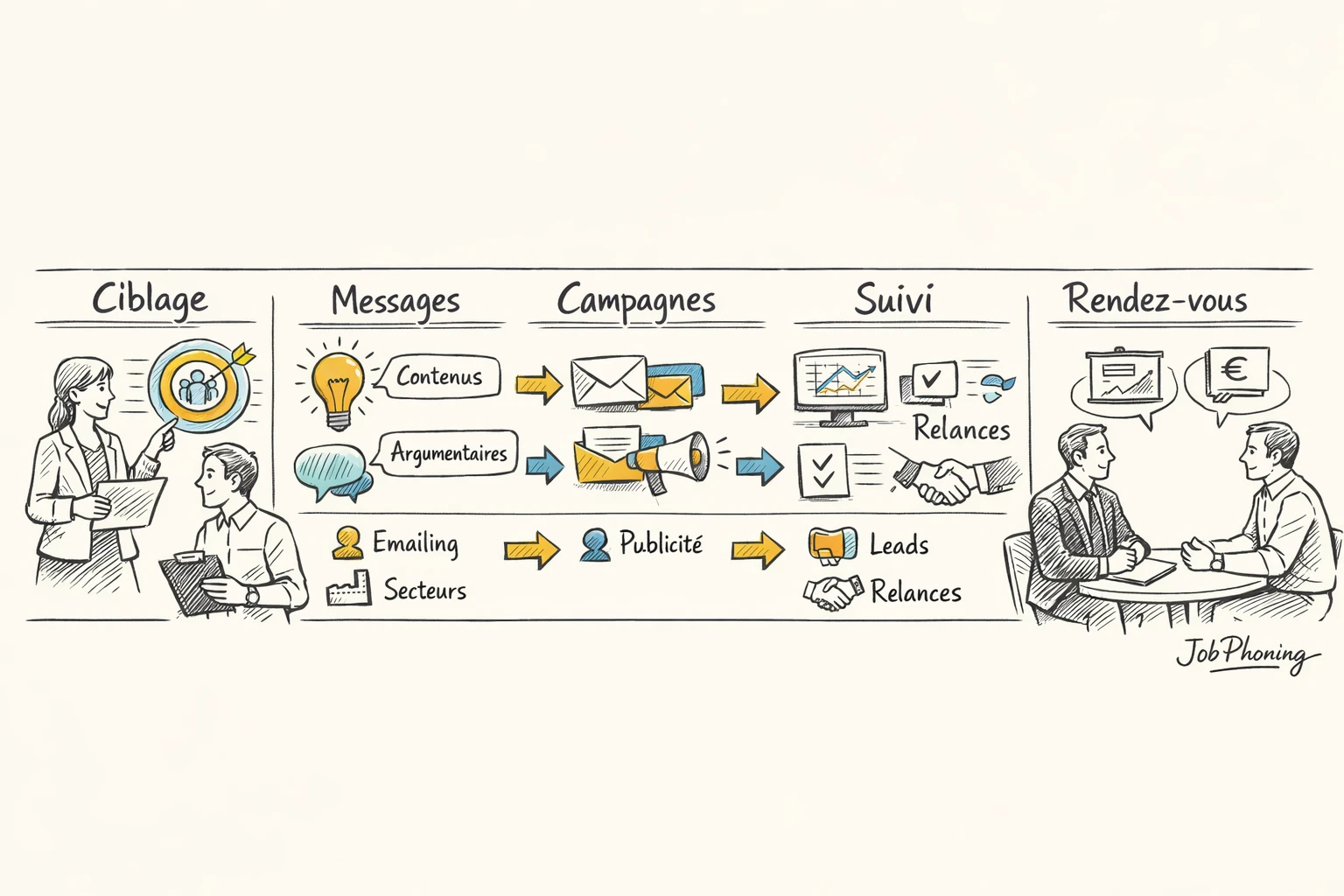 Schéma représentant la coordination marketing, ventes et téléopérateurs via pipeline, flèches et symboles abstraits.
