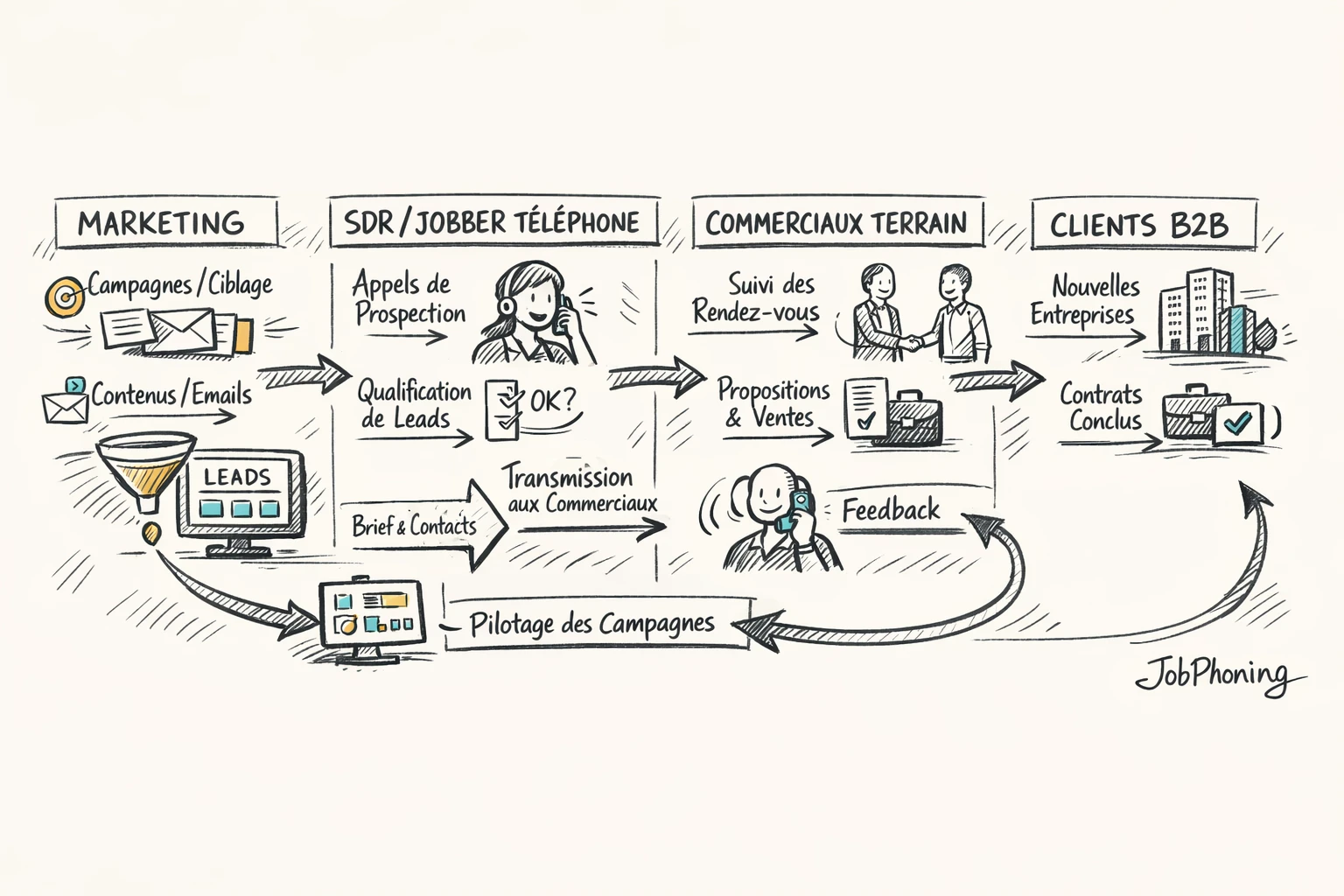 Infographie représentant l’intégration du jobbing téléphonique B2B via un hub central relié à plusieurs modules.