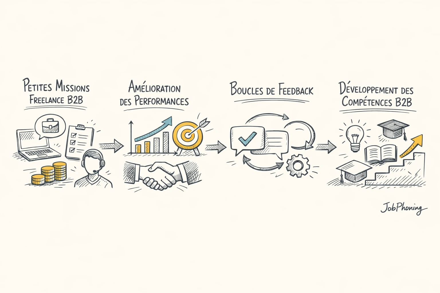Schéma représentant un parcours de montée en compétences via blocs reliés symbolisant missions, coaching et