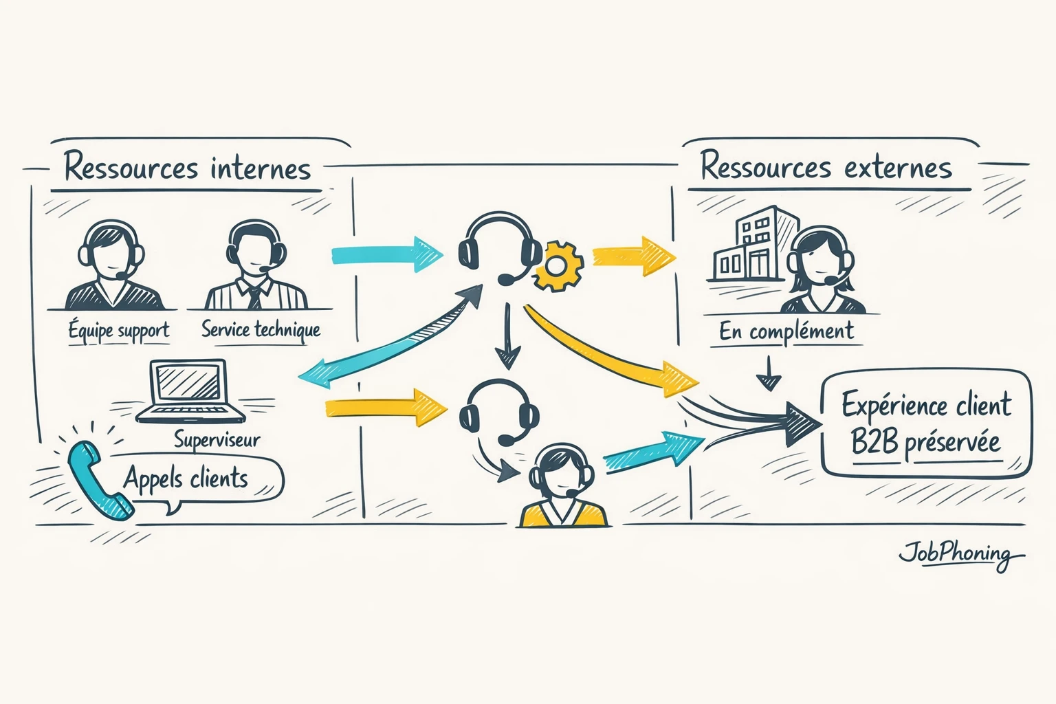 Schéma représentant l’intégration de téléopérateurs externes via un hub central et plusieurs flux d’appels segmentés.