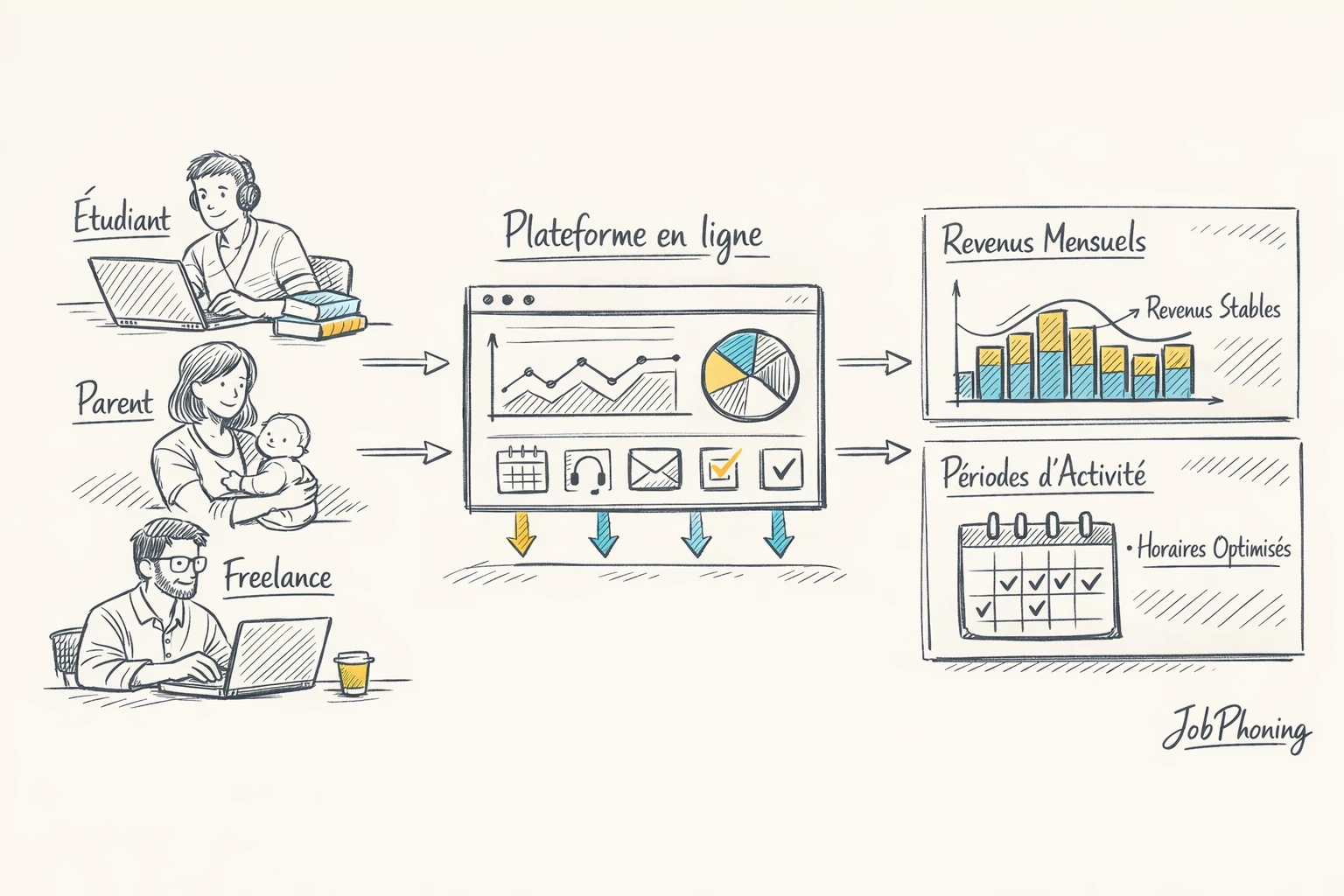 Infographie représentant la diversification de revenus de téléopérateurs via colonnes colorées et blocs alignés.