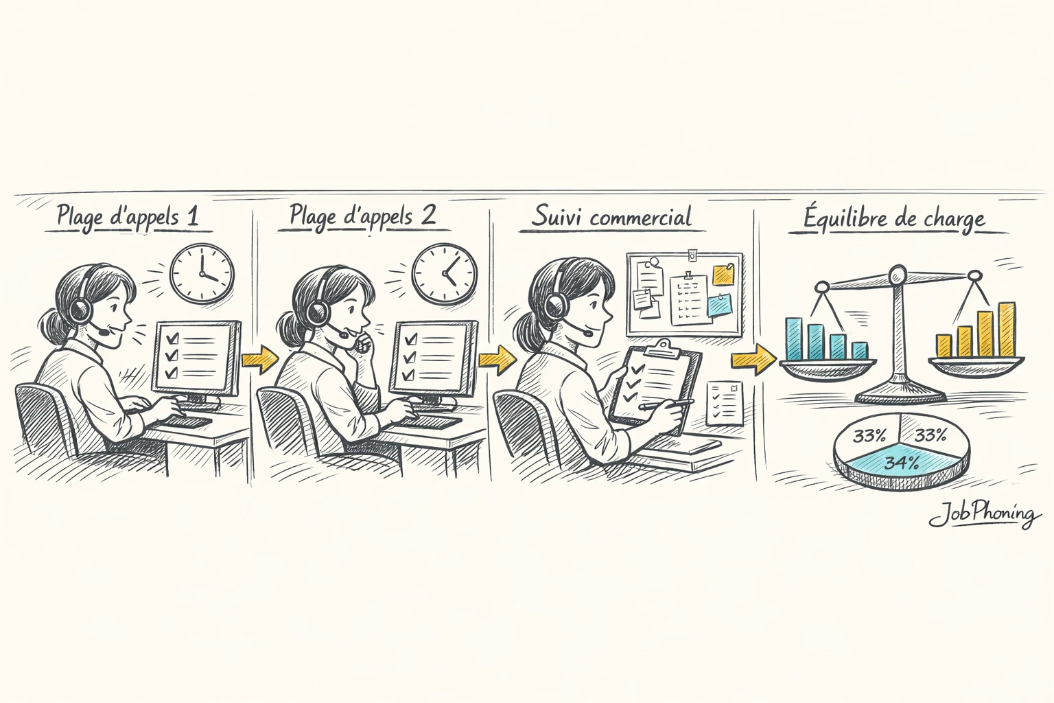 Schéma représentant l’organisation des créneaux d’appels via enchaînement de blocs et flèches minimalistes.