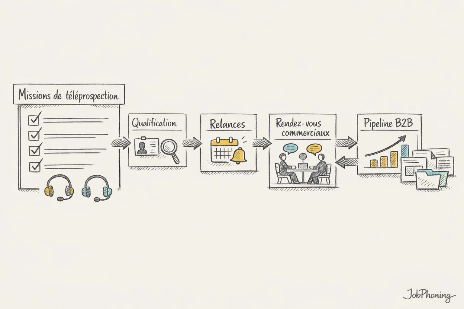 Schéma représentant l’intégration d’activités annexes de prospection via blocs interconnectés et flux organisés