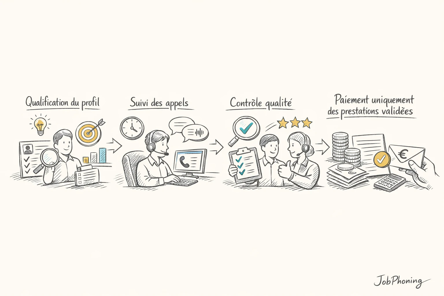 Schéma représentant la sécurisation des missions de téléprospection via blocs reliés illustrant profil, appels, contrôle