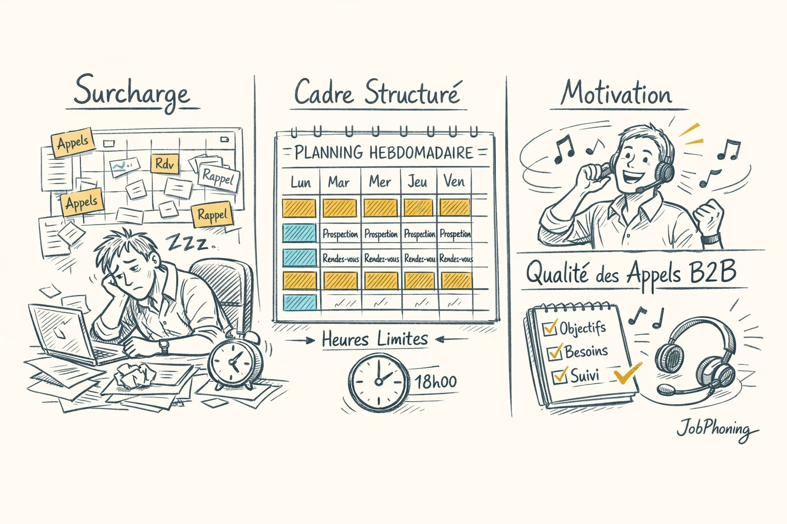 Schéma représentant l’encadrement du travail additionnel via flèches, blocs horaires et indicateurs de charge