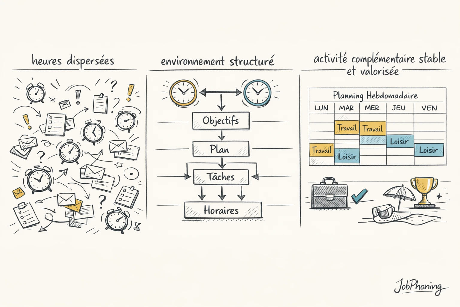 Infographie représentant la stabilisation d’un revenu complémentaire via entonnoir, pipeline et blocs organisés.