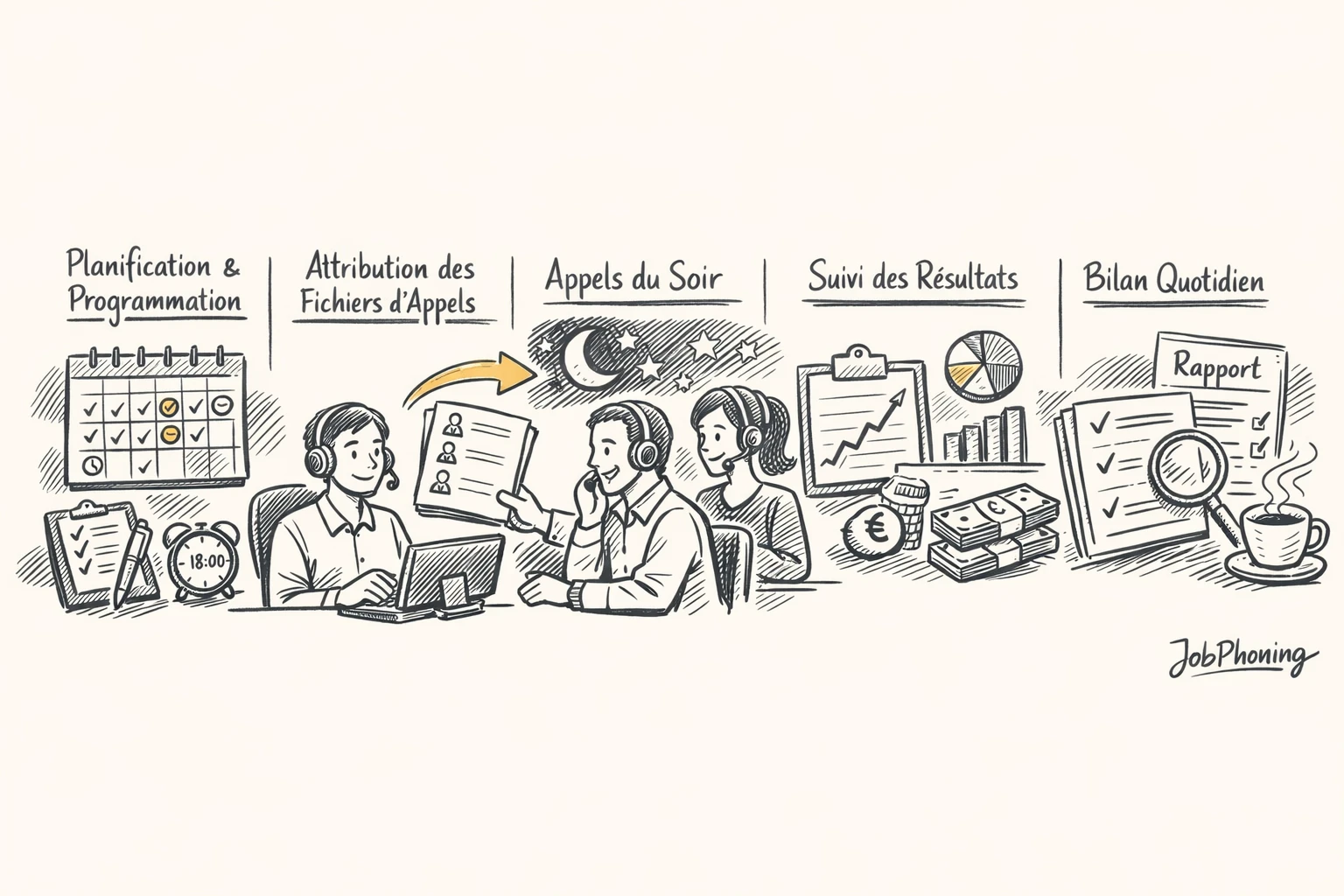 Schéma représentant l’organisation d’appels du soir via enchaînement de blocs et flèches colorés.