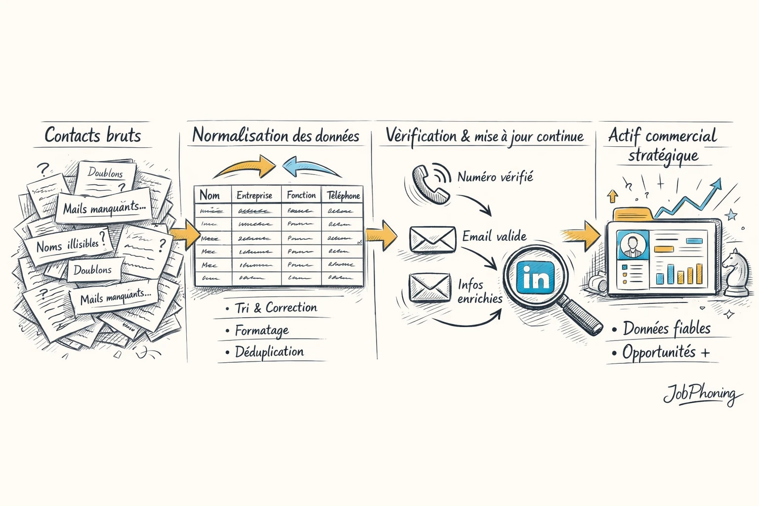 Schéma représentant la gestion d’un fichier de décideurs via cartes de contacts, flèches et blocs