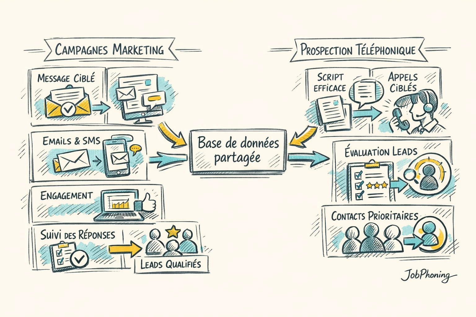 Schéma représentant la circulation de données marketing via un hub central, segments et canaux téléphoniques