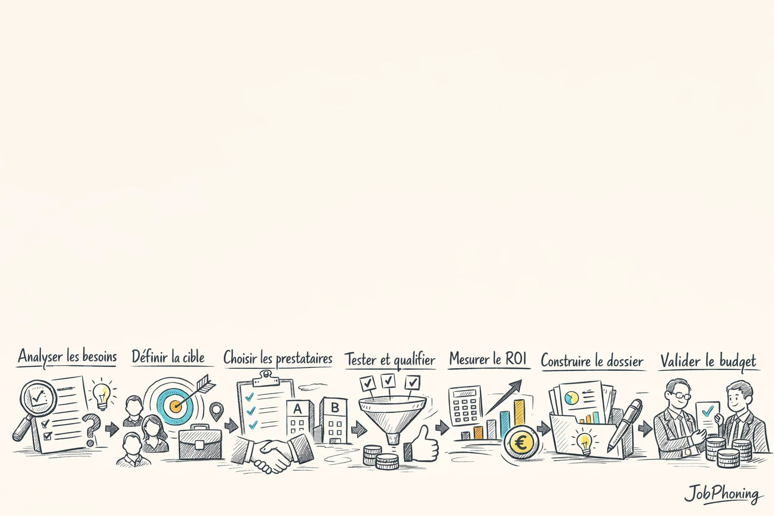 Schéma représentant le cadrage d’un achat de leads via un enchaînement de blocs reliés par