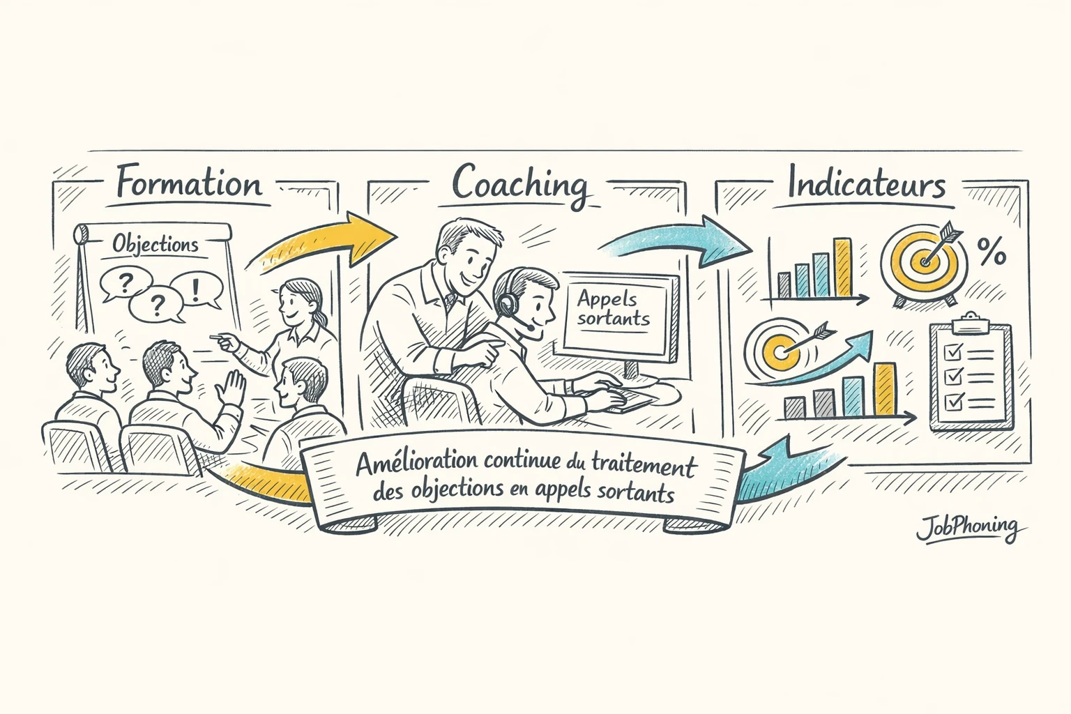 Schéma représentant l’intégration de la formation aux objections via hub central relié à calendriers, tableaux