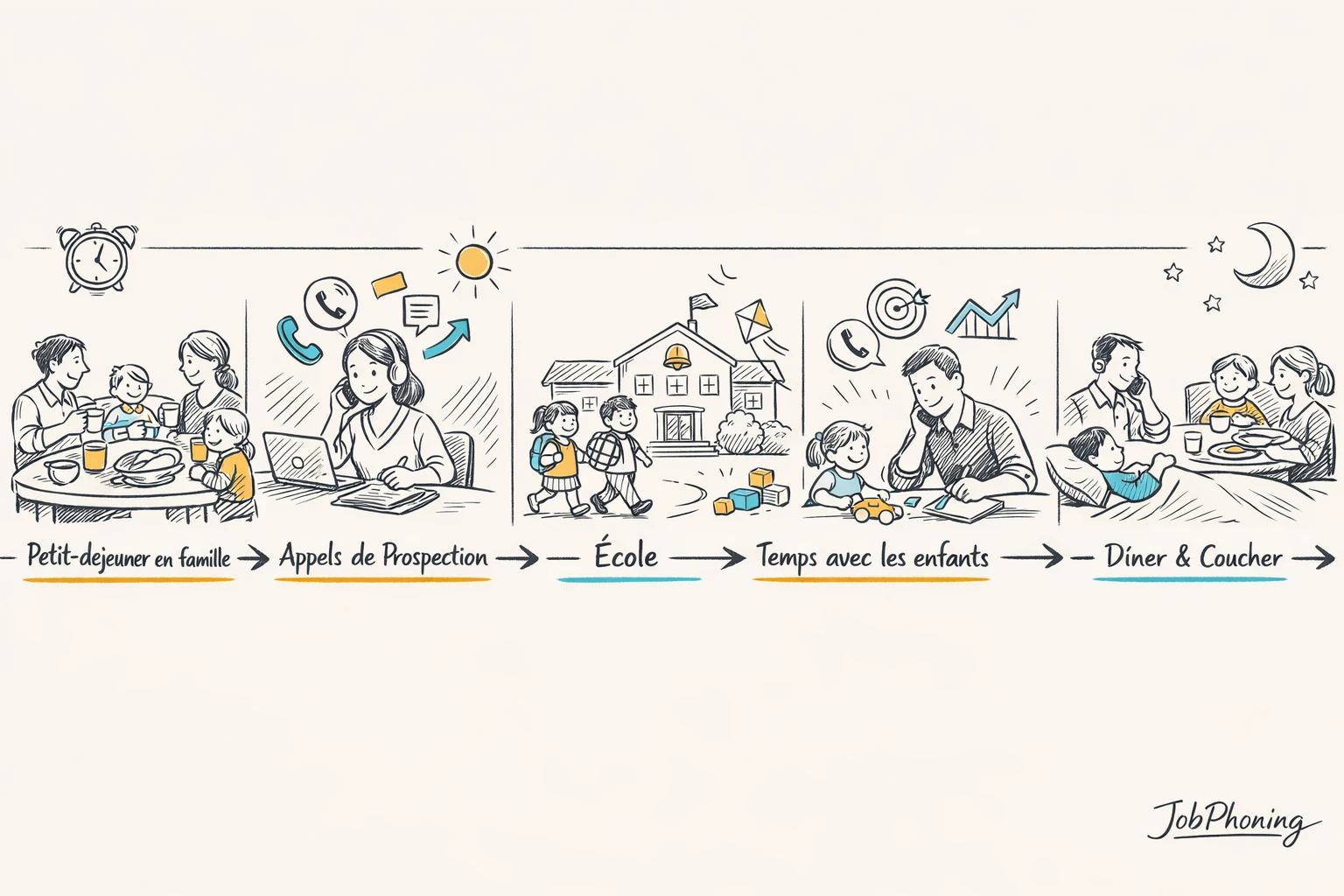 Schéma représentant l’organisation des appels B2B et du temps familial via blocs et flèches colorés.