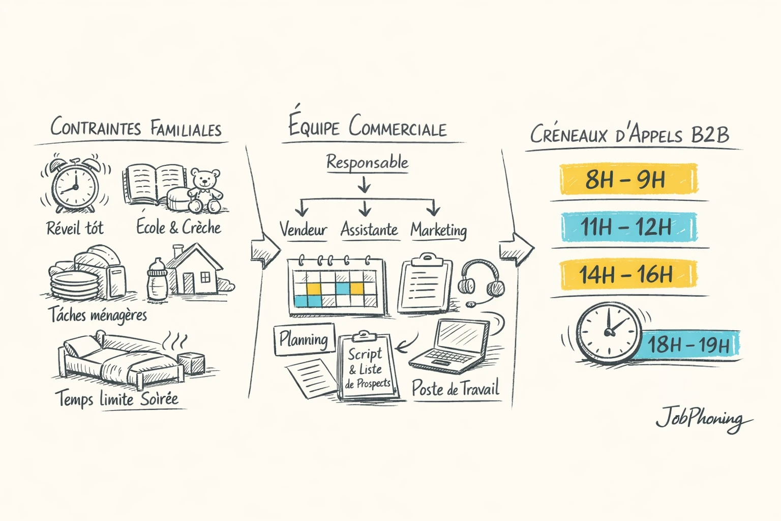 Schéma représentant la conciliation téléprospection et vie familiale via hub central, calendriers, téléphones et maison