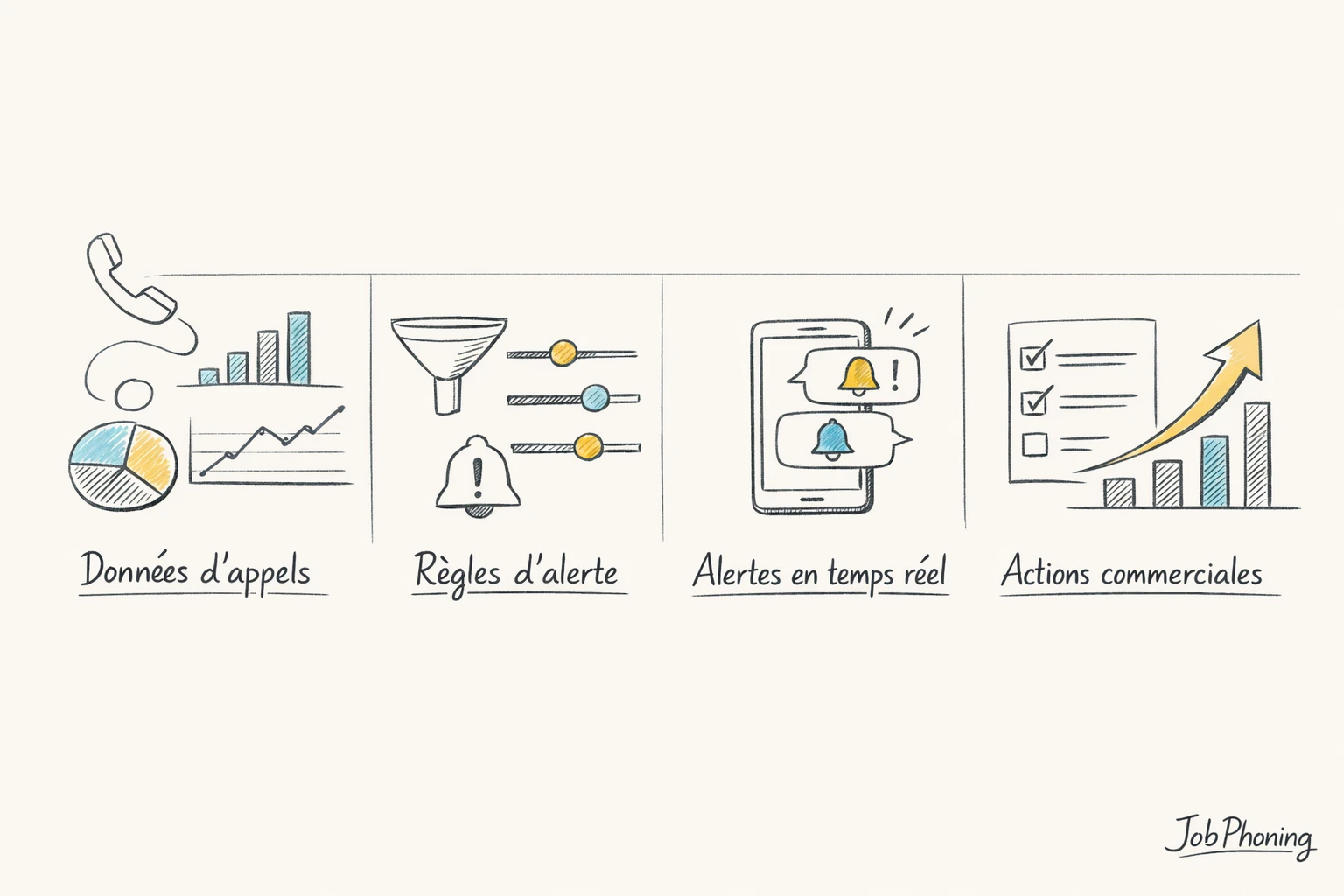 Schéma représentant la configuration d’alertes d’appels via blocs séquentiels et flèches minimalistes.